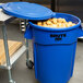 A blue Rubbermaid BRUTE trash can with potatoes inside.