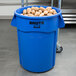 A blue Rubbermaid BRUTE trash can filled with potatoes.