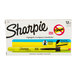 A white box with black writing that reads "Sharpie Accent Fluorescent Yellow Highlighters" containing 12 yellow Sharpie highlighters.