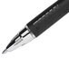 A close-up of a black Uni-Ball Jetstream pen with silver accents.