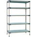 A MetroMax 4 stationary shelving unit with five blue shelves.