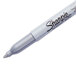 A close-up of a silver Sharpie permanent marker with a white background.