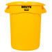 A yellow Rubbermaid BRUTE trash can with a lid.
