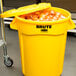A yellow Rubbermaid BRUTE 32 gallon trash can full of onions.