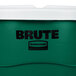 A green Rubbermaid Brute 55 gallon trash can with a white lid.