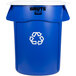 A blue Rubbermaid recycling can with white text that says "BRUTE"