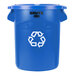 A blue Rubbermaid BRUTE recycling can with a white recycle symbol.