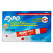 A product box for Expo Red Low-Odor Dry Erase Markers with a red rectangular sign with white text.