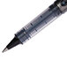 A Uni-Ball Vision roller ball pen with black and gray barrel and black tip with silver trim.