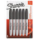 A package of 6 Sharpie black fine point permanent markers.