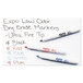 A group of Expo low odor dry erase markers in assorted colors on white paper.