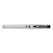 A close-up of a silver and black Uni-Ball 207 Impact pen.