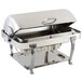 A silver rectangular Bon Chef chafing dish with a lid on a counter.