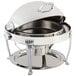 A Bon Chef stainless steel round chafer with chrome accents and a lid.