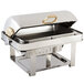 A Bon Chef rectangular stainless steel chafer with gold accents.