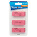 A blue and white Paper Mate package of 3 pink Pearl erasers.