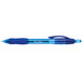 A Paper Mate blue pen with a blue translucent barrel and blue ink.