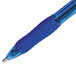 A close-up of a Paper Mate blue pen with a blue translucent barrel and silver tip.