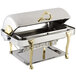 A silver Bon Chef rectangle chafer with brass accents.