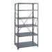 A Safco dark gray steel shelving unit with five shelves.