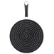 A black griddle with a handle and a silicone splatter screen over it.