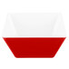 A red and white square Vollrath melamine bowl with a white lid.