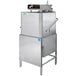 A stainless steel Noble Warewashing high temperature dishwasher with a door open.