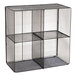 A black wire mesh shelf with three compartments.
