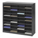 A black Safco steel file organizer with many sections for colored folders.