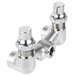 A T&S mixing control valve with loose silver metal handles and stainless steel pipes.