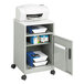 A gray Safco machine stand with a printer on top and storage cabinet below.