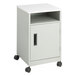 A gray steel Safco machine stand with a storage cabinet and open compartment on black wheels.