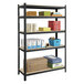 A black Safco boltless steel shelving unit with boxes on the shelves.