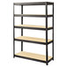 A black metal Safco shelving unit with four particleboard shelves.