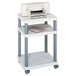 A Safco charcoal gray 3-shelf printer stand with a printer on it.