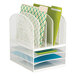 A white Safco mesh desk organizer with several folders and a pen.