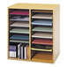 A Safco medium oak wood file organizer with sections for files and CDs.