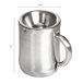 A Franmara stainless steel wine tasting spittoon with a handle.