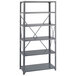 A Safco dark gray metal shelving unit with five shelves.