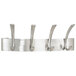 A brushed nickel metal Safco coat rack with four pegs.