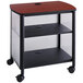 A black and cherry Safco machine stand with shelves.