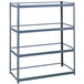 A Safco gray metal shelving frame with four shelves.