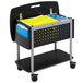 A black Safco file cart with yellow files.