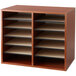 A cherry wood Safco file organizer on a wooden shelf with paper in it.