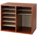 A wooden file organizer with shelves in it.
