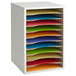 A gray Safco vertical desktop file organizer with colorful folders.