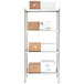 A Regency stainless steel wire shelving unit with boxes on the shelves.