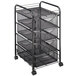 A black wire mesh Safco drawer cart with four drawers.