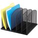 A black mesh Safco desktop organizer with five sections holding folders.
