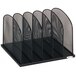 A black wire mesh Safco desktop organizer with five sections.